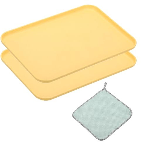 PATIKIL 15x11 Inch Fast Food Serving Trays, 2pcs Reusable Restaurant Serving Trays Cleaning Clothes Included PP Multi-Purpose Rectangle Small Size Tray, Yellow
