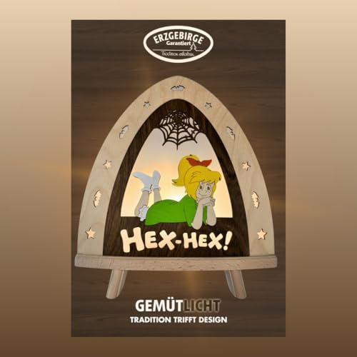 weigla - Dekoleuchte original Erzgebirge I Motiv Bibi Blocksberg Hex Hex I 1 LED Lampe I 0,8 W, E14 I Weihnachtsdeko innen I Beleuchtung aus Holz I Fensterdeko I Ganzjahresbeleuchtung
