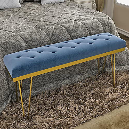GUIXAN Luxuriöse gepolsterte Sitzbank, Moderne Samt-Endbank mit goldenen Beinen, multifunktionale Eingangsbank, Schlafzimmerbank, Schuhbank, Möbeldekor, Blau, 60 x 35 x 45 cm (24 x 14 x 1