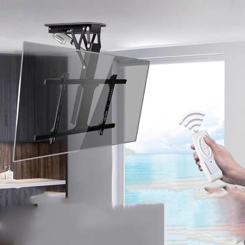 TENGJUN Ceiling TV Mount Stand - Motorised TV Bracket Stand, Drop Down Tv Wall Mount, with Auto Lifting, 0-85° Flip Down, Fits 32-70 Inch Screen, 2° Level Adjustment & Height Adjustment