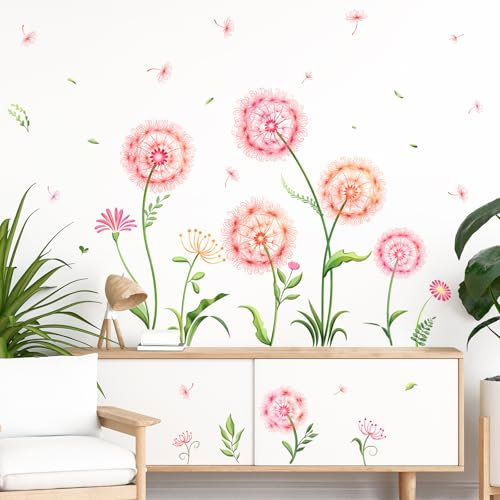 Tanlaby Rosa Wandtattoo Pusteblume Wandaufkleber Löwenzahn Wandsticker Kinderzimmer Mädchen Blume Pflanzen Wanddeko für Mädchenzimmer Wohnzimmer Schlafzimmer Flur TV Sofa Hintergrund