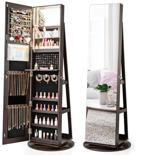 COSTWAY 360° Swivel Jewelry Cabinet, Lockable Jewelry Armoire Storage Unit with Full-Length Mirror & 3-Color Auto-on LED Lights, Home Bedroom Dressing Room Cosmetics Jewellery Organiser (Coffee)