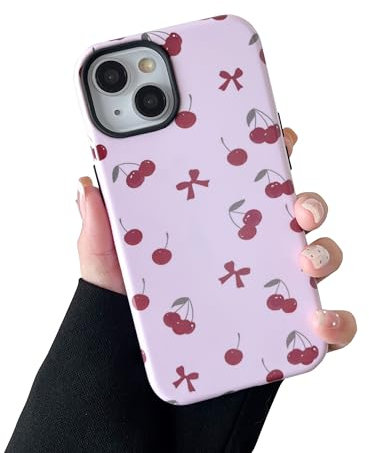 DEFBSC Case for iPhone 15, Cute Pink Bow Cherry Print Aesthetic Trendy Pattern for Women Girls Slim Durable Bumper Shockproof Hybrid Hard Back Phone Cover, Red Bow/Glossy