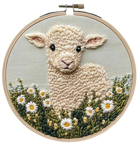 GLLBTPT Punch Needle Kit für Erwachsene Anfänger - Cartoon Schaf mit Gänseblümchen Blume DIY Stickerei Set, inklusive bedrucktem Tuch, Baumwollfaden Pack, Stanznadel, Rahmen & Anleitung