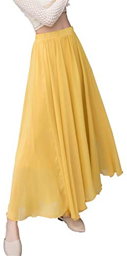 Rock Damen Lang Chiffon Hohe Taille Röcke Elegant A-Linie Boho Maxirock Strandrock Faltenrock Hochzeit Skirt Yellow