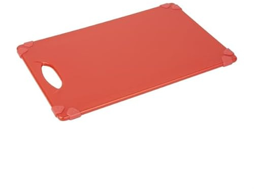 Hygiplas Commercial Grip Chopping Board 458x306x12mm, Red | Non-slip corners prevent sliding on busy worktops, while food-safe polyethylene resists moisture and deep scratches.