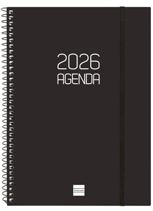 Finocam - Spiralkalender 2026, Wochenansicht, Queransicht, Januar - Dezember (12 Monate), Jahresplaner 2026, mit Gummizug, Deckel aus Polypropylen, blickdicht, Schwarz, Baskisch