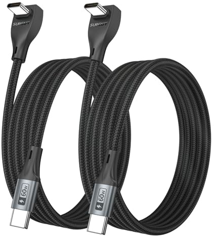 SUNGUY Right Angle USB C Cable 2Pack 2m, 60W Fast Charging Type C Cord | Braided 90 Degree USB C to USB C Data Cable for iPhone 17/16/15 Pro Max, Tesla Model Y, MacBook, iPad, Samsung