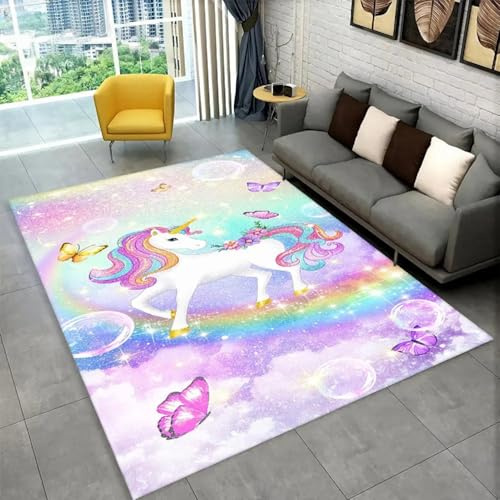 PEIHUODAN Mädchen Zimmer Teppich - Kuschelweicher Flanell mit Einhorn-Druck - Anti-Rutsch Rücken für Kinderzimmer - Rosa Dekoration für Mädchenzimmer (Farbe 3,120x180cm)