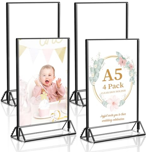 BOUFEIDA 4 Stück Aufsteller A5, Tischaufsteller 24x16cm, Doppelseitiger Kartenständer, Tischnummern Hochzeit, Fotoständer, Acryl Bilderrahmen Ständer für Hochzeit, Restaurant, Geschäft, Büro(Schwarz)