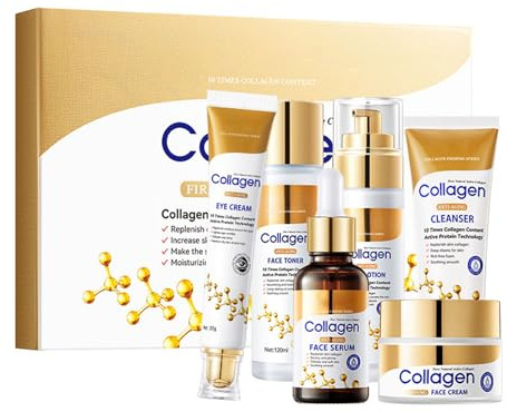 Collagen Skin Care Set 6PCS, Gesichtspflege Set, Anti Aging Pflegeset Damen, Straffend Damen Geschenkset mit Collagen Creme, Gesichtsreiniger, Face Toner, Kollagen Serum, Augencreme, Face Lotion