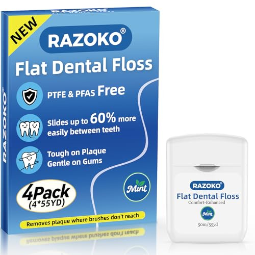 RAZOKO Flache Zahnseide, PFAS- & PTFE-frei, Reißfest, Sanft zum Zahnfleisch, Ultra-glatt für Tiefenreinigung, Natürliches Wachs, Cool Mint, 4er-Pack (4 x 50m) - für Erwachsene & Kinder