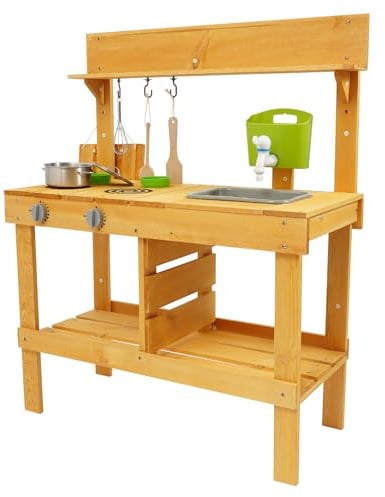 Matschküche Aus Holz Mit Herdplatte und Wasserhahn Realistische Küche Spielzeug Für Kinder 3-8 Jahre Für Innen Und Außen Garten Sandkasten Robust Langlebig
