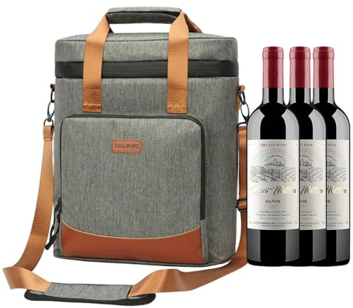 TYNJKJDM 3 Bottle Wine Cooler Bag, Insulated Carrier Bottles Cooler Bag Wine Gift Bags Portable with Strap Leakproof Padded for Travel,Party,Christmas,Wines Tasting,Great Gift for Wine Lover(Grey)