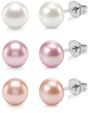ORAZIO 3 Paar Perlenohrringe Silber 925 Perlen Ohrstecker Damen | Hypoallergene Ohrringe Perlen Süßwasserperlen Ohrstecker Set Damen Rosa Weiße Ohrstecker Perlenohrringe Schmuck Frauen
