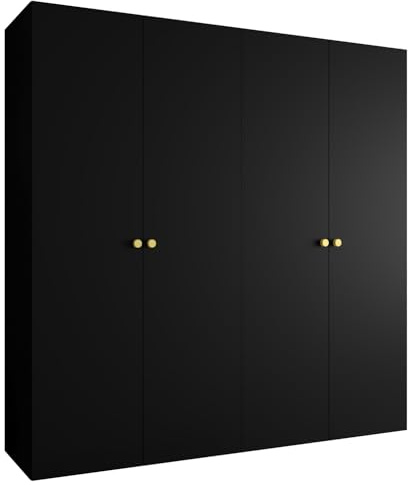 MEBLE KRYSPOL - Kleiderschrank - Garderobenschrank - 200 cm x 202 x 52 cm - Schrank mit Kleiderstange, 4 Türen - für Schlafzimmer, Flur - Parma, Schwarz, Griff Gold