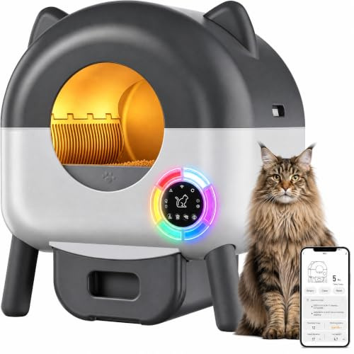 SSelbstreinigende Katzentoilette, 89L Katzenklo Selbstreinigend, APP-gesteuert, Sicherheitssensoren, Geruchskontrolle, Automatische Katzentoilette für Mehrere Katzen, LED-Nachtlicht,1 Rolle Müllbeutel