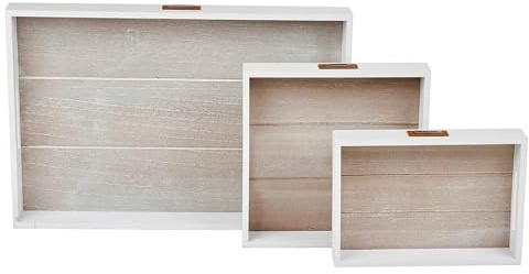 URBNLIVING 3 Pcs Wooden Serving Trays Nesting Set – Breakfast, Lunch & Snack Platters with Handles for Home, Kitchen, Dining, Entertaining & Serving Guests (White)