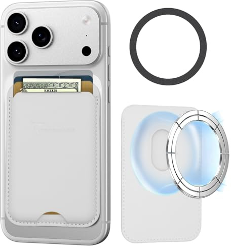 TECHMADE Portacarte MagSafe Compatibile per iPhone, Anello Adattatore Incluso - Spazio per 3 Carte o Contanti, Sistema di Estrazione Rapida - Blocco RFID, in Eco-Pelle Vegana (bianco)
