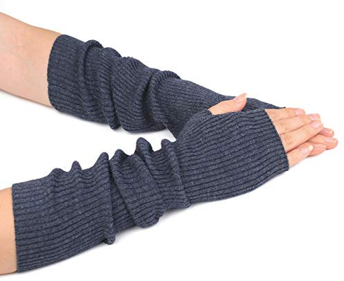 Zeltauto Women's Knit Elbow Length Arm Warmer Thumb Hole Fingerless Glove (Dark Grey)(Size: M)