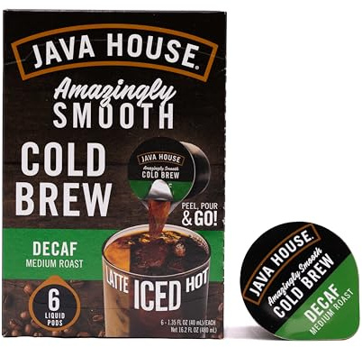 JAVA HOUSE Lot de 6 dosettes d'infusion à froid à torréfaction moyenne décaféiné - Décaféiné - Concentré de café instantané chaud ou glacé