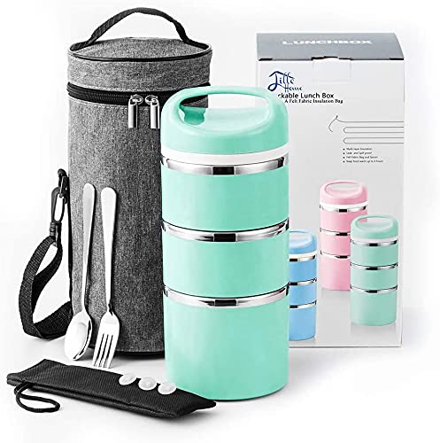 Lille Home 1380 ml stapelbare Lunchbox aus Edelstahl mit Thermofach, isolierter Bento-/Lebensmittelbehälter mit 3 Ebenen, mit verbesserter Lunchtasche und Silikondichtungen