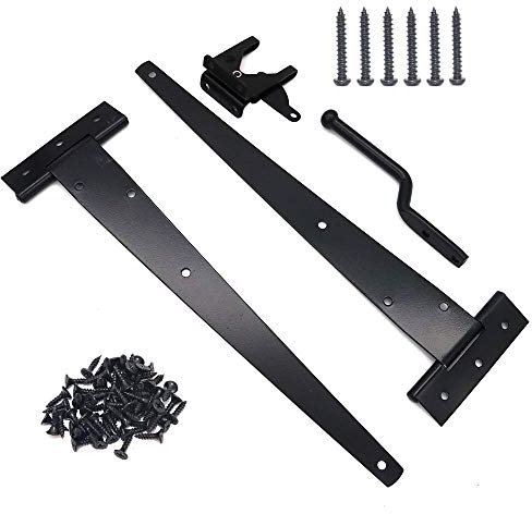NUZAMAS Lot de 2 charnières robustes en T pour abri de jardin + loquet de porte, charnières de portail, charnières de grange en fer forgé noir antirouille