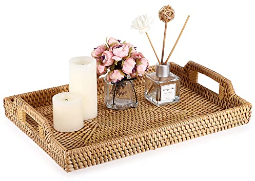 Sumnacon Bandeja rectangular tejida de ratán para servir, bandeja decorativa de almacenamiento con asa, bandeja organizadora de escritorio para arco, bebida, desayuno, té, velas, 34 x 24 cm