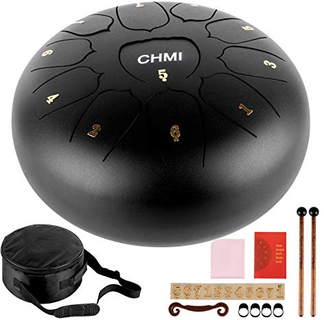 Steel Tongue Drum 11 Töne 10 Zoll Percussion Instrument Handpan Drum mit Tasche Notenbuch Schlägel Fingerpicks Schlagzeug Schlägel Halter (25,4 cm) Schwarz