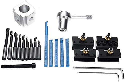 Auoeer Tools 19Pcs Mini Quick Changes Tool Post Holder Set + 3/8 Inch Boring Bar + Indexable 3/8 Inch Lathe Tools Kit Lathes Drill Chuck