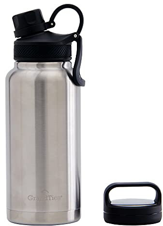 GrandTies 2 Deckel Sport Edelstahl Wasserflasche - 32oz Wiederverwendbare breite Mund vakuumisolierte Wasserflaschen Reise Metall Kantine kälteste Wasserflasche für Männer und Frauen - Classic Silber