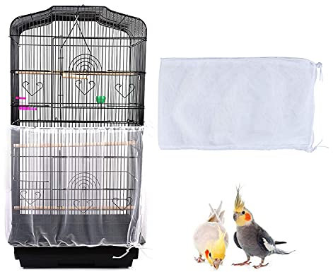 TSHAOUN Vogelkäfig Abdeckung, Mesh Seed Catcher für Vogelfutter Kleintiere, Vogelkäfig Schutznetz Mesh Rock mit Verstellbaren Kordelzug, Käfigabdeckung Belüftet für Vogelfutter Kleintiere (L, Weiß)