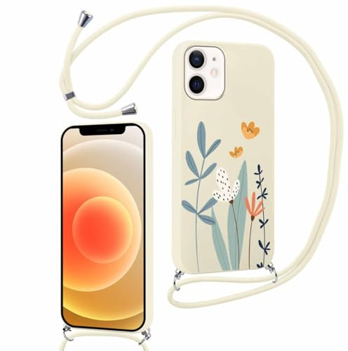 Yoedge Handykette Handyhülle für iPhone 12 / iPhone 12 Pro Hülle mit Band Kette 6,1, Necklace Schutzhülle mit Kordel zum Umhängen TPU Stoßfest Silikon Case mit Aesthetic Muster für iPhone 12, Floret