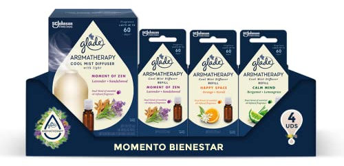 Glade Aromatherapy, Difusor de aceites esenciales, con USB y luz regulable. Pack Mixto, Difusor + 4 Recambios.