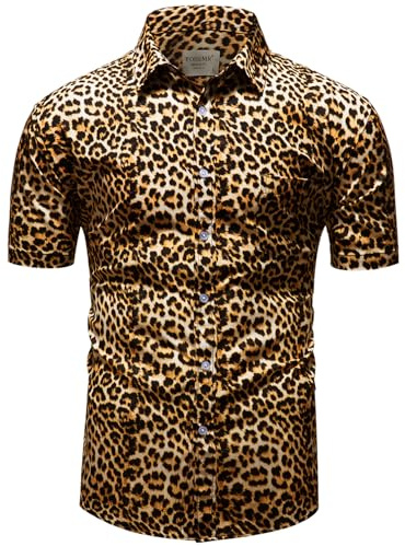 fohemr Mens Leopard Print Shirt Short Sleeve Casual Button Down Retro Cheetah Printed Shirt