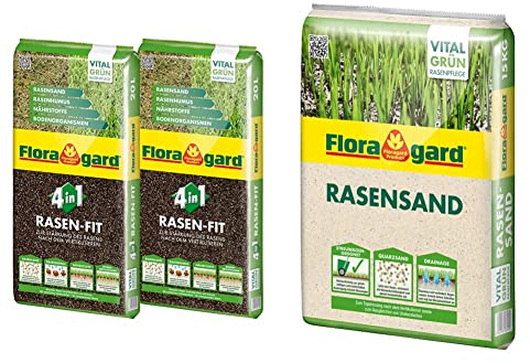 Floragard 4 in 1 Rasen-Fit 2x20 L für 20 m² • Rasenerde • Rasensubstrat zur Neuanlage • zur Ausbesserung und Pflege des Rasens & Rasen-Sand 15 kg für 10 m² • Rasenpflege • zum Lüften schwerer Böden