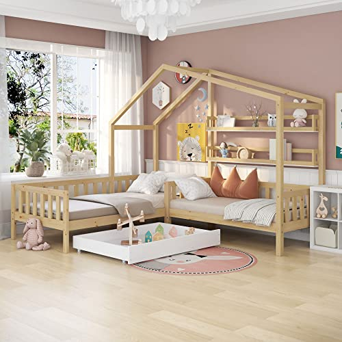 ZYLOYAL10 Kinderbett Hausbett mit Schubladen und Regalen, Massivholz mit Zaun und Lattenrost, L-Struktur, 90x200 cm+140x70cm (Natur)