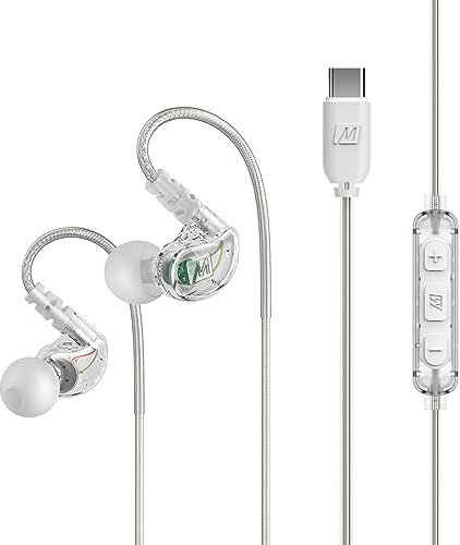 MEE audio M6 Sport USB-C Wired Earbuds with Memory Wire Earhooks, Headset with Mic & 3-Button Remote for iPhone 15, iPad, Other USB Type C Devices; In Ear Headphones for Running/Gym/Workouts, Clear
