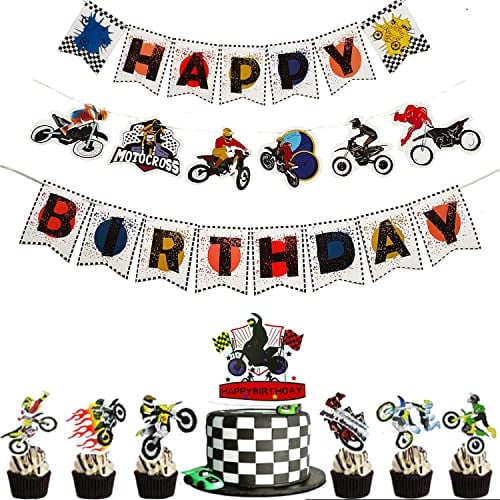 28 Stück Motorrad Thema Banner Party Zubehör Dirt Bike Geburtstag Dekoration Dirt Bike Party Supplies Banner Kuchen Cupcake Topper für Junge Reitzimmer Wanddekoration