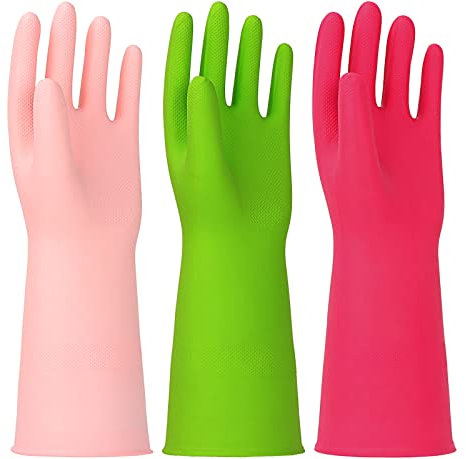 HINSOCHA 3 Pairs Rubber Cleaning Gloves Latex Free Dishwasher Gloves - 13 Inch Reusable Nitrile Gloves Small, Green+Pink+Red