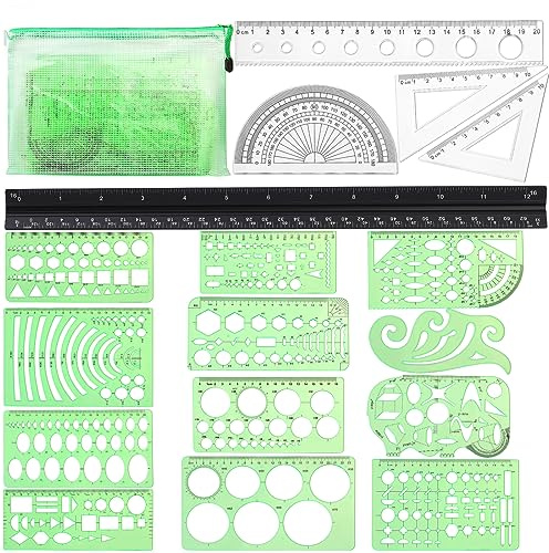18 Stück Zeichenschablonen, geometrische Zeichnungen, Kunststoff, transparent, grün, Kunststoff-Lineale, Ingenieur- und Design-Lineale für Architektur, Studium, Büro