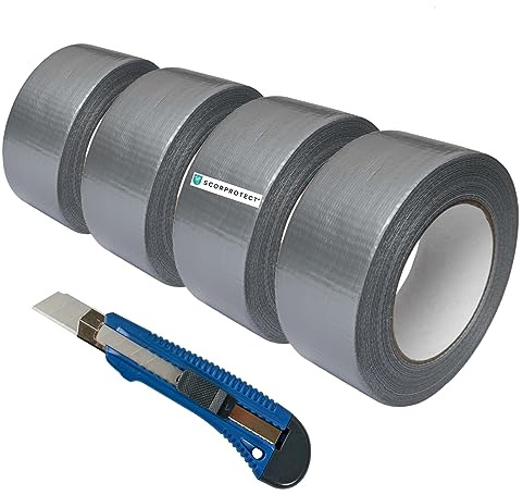 Scorprotect 4x Gewebeklebeband silbergrau Panzertape Gaffaband 48 mm x 50 m + Cuttermesser
