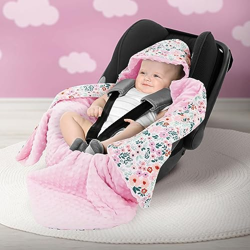 Joyz Einschlagdecke mit Kapuze, Blumen mit Rosen Minky, 100% Baumwolle, 84x84 cm, Doppelseitig, Universal für Babyschale, Autositz, Kinderwagen oder Buggy, Kuscheldecke Ganzjahresdecke Babydecke