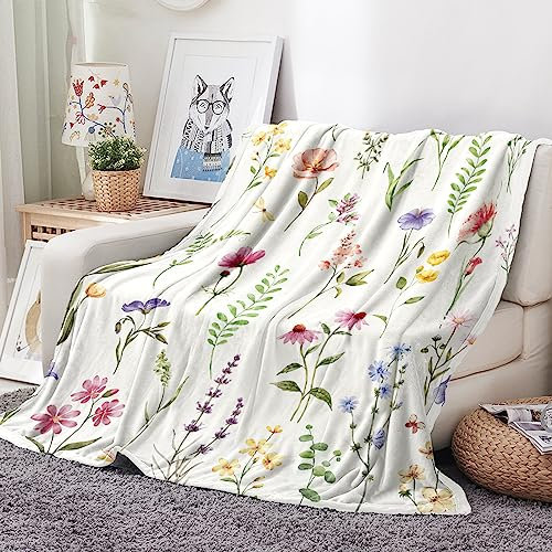 Tupmnbry Wildflowers Throw Blanket Botanical Floral Printed Blanket Super Soft Flannel Throw Blanket Lightweight Fluffy Plush Fuzzy Bed Blanket for Bedding Sofa and Travel 60 x 80 inches