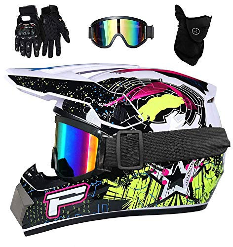 Unisexo Cara Completa MTB Casco de Motocross, con Gafas Guantes Máscara, Juventud Niños Moda Fuera de La Carretera Deporte Moto ATV Casco, Cuesta Abajo Enduro BMX Quad Bicicleta de Tierra Chocar Casco