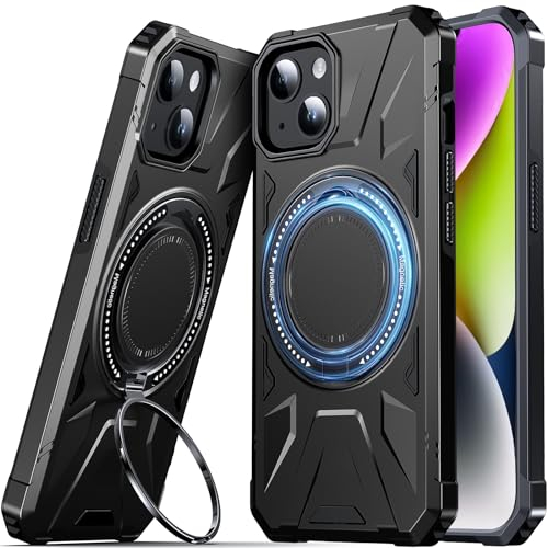 DASFOND Armor Hülle für iPhone 14/13 Case, Militär Stoßfest Handyhülle [Upgrade 2.0] Metal Ring Halter Ständer Full Bumper Cover Schutzhülle, Schwarz