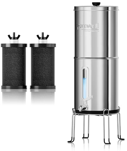 Purewell Système d'eau alcaline d'ultrafiltration par Gravité en 4 étapes,Jusqu'à PH 8.5,avec 2 Cartouches de Filtre à eau PB-PH,Niveau d'eau Visuel en Verre Concevoir,Eau alcaline Minéralisée(8,5 L)