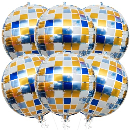 VIKY 6 Stück Discokugel Luftballon,Discokugel Deko Folienballons,22 Zoll 4D Diskokugel Luftballons Blau Gold,90er Party Deko,Disco Party Deko Ballons für Karneval,Hawaii,Geburtstag,Graduation,Hochzeit