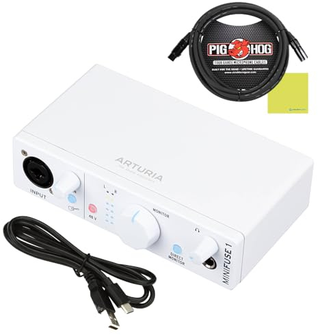 Arturia MiniFuse 1 Portable USB-C Audio Interface, White w/Pig Hog PHM10 8mm XLR Microphone Cable and Liquid Audio Polishing Cloth