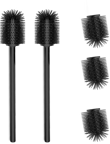 WAVEWO Juego de 2 escobilla de baño de Silicona Negra, 3 Cabezales de Repuesto, Mango Largo de Acero Inoxidable 304, Apto para baño, escobilla de baño de 7 cm de diámetro (TPR Negro)
